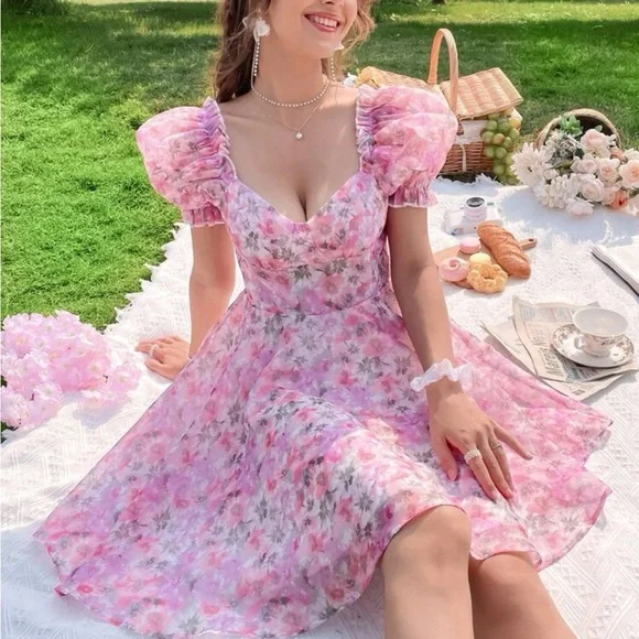 Pink floral wedding guest dress sundress aesthetic fairy Princess